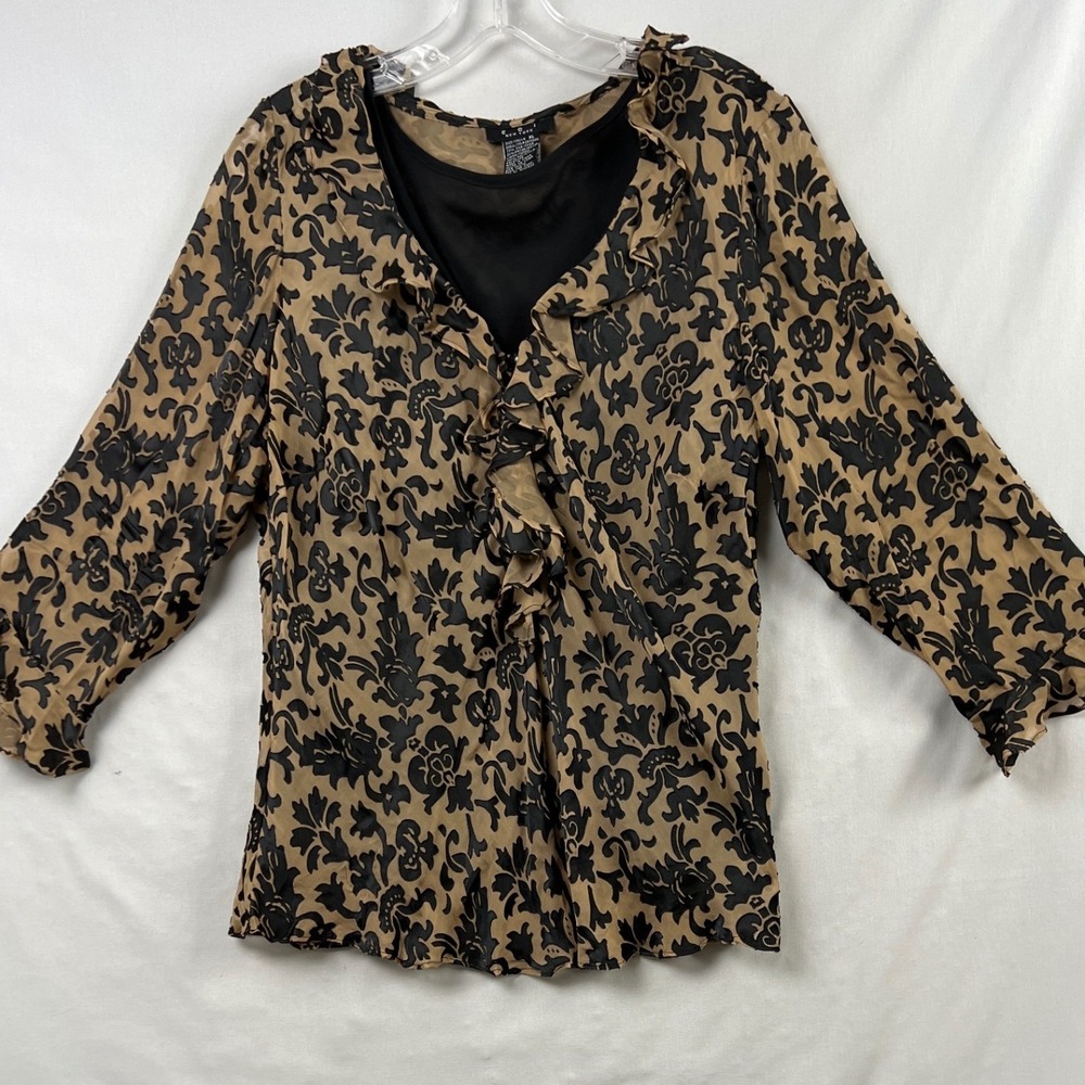 ECI New York Blouse Womens XL Tan Black Silk Blend Ruffle Floral Damask Layered